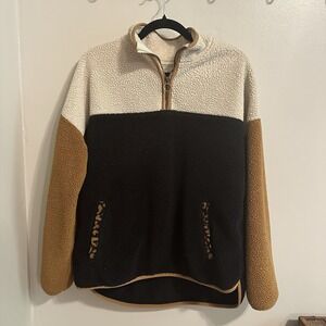 Time & Tru Womens Soft Fleece Jacket Multicolor Color Block 1/4 Zip Pockets L‎